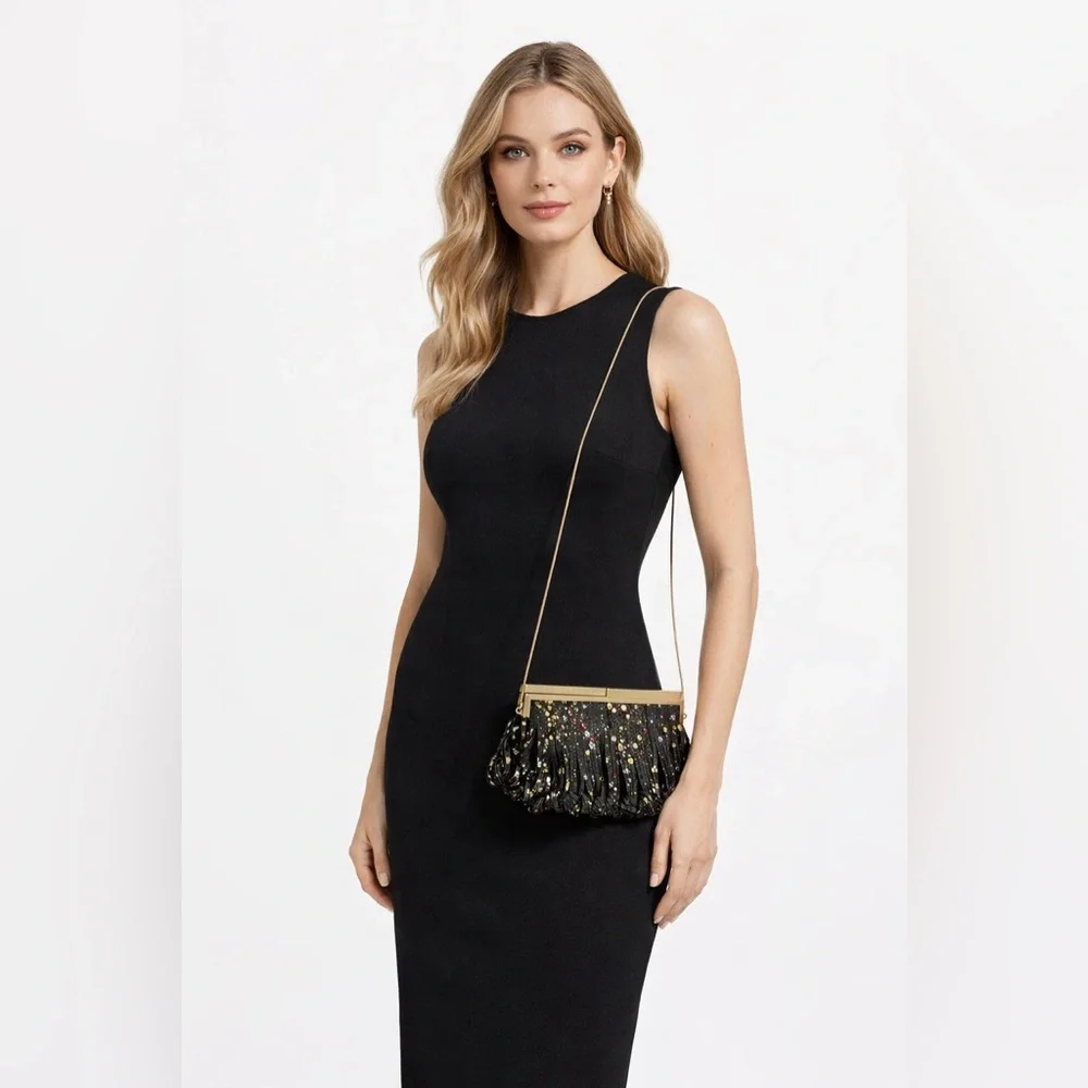 Katherine Kwei Statement Fringe Crossbody Evening Bag with Gold Chain Strap